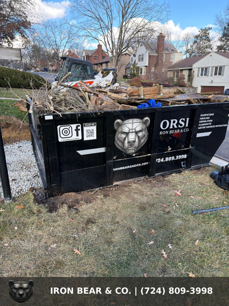 Iron Bear & Co. roll-off dumpster loaded with debris on a residential lawn in the South Hills