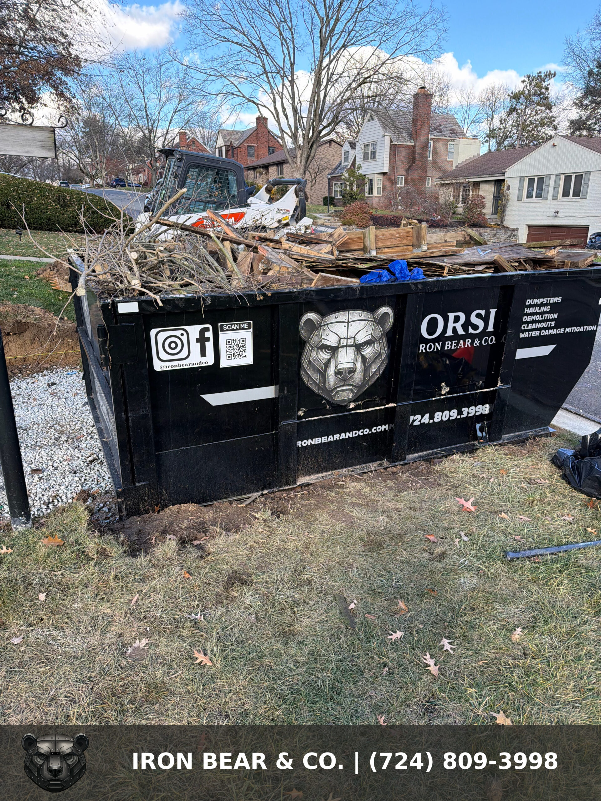 Iron Bear & Co. roll-off dumpster loaded with debris on a residential lawn in the South Hills